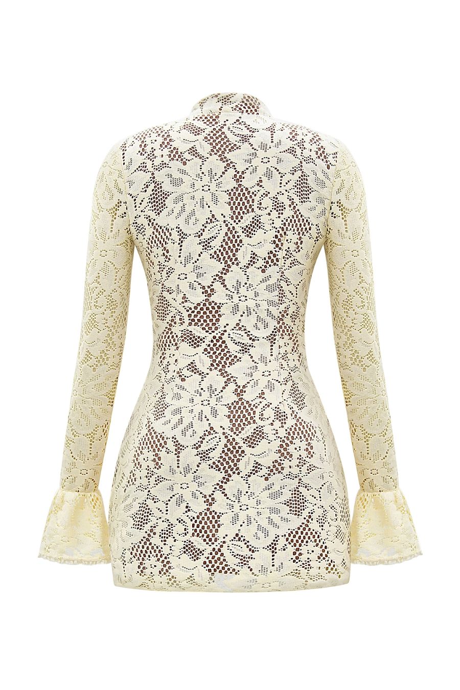Robe courte moulante en dentelle crème col montant, tissu stretch et transparent