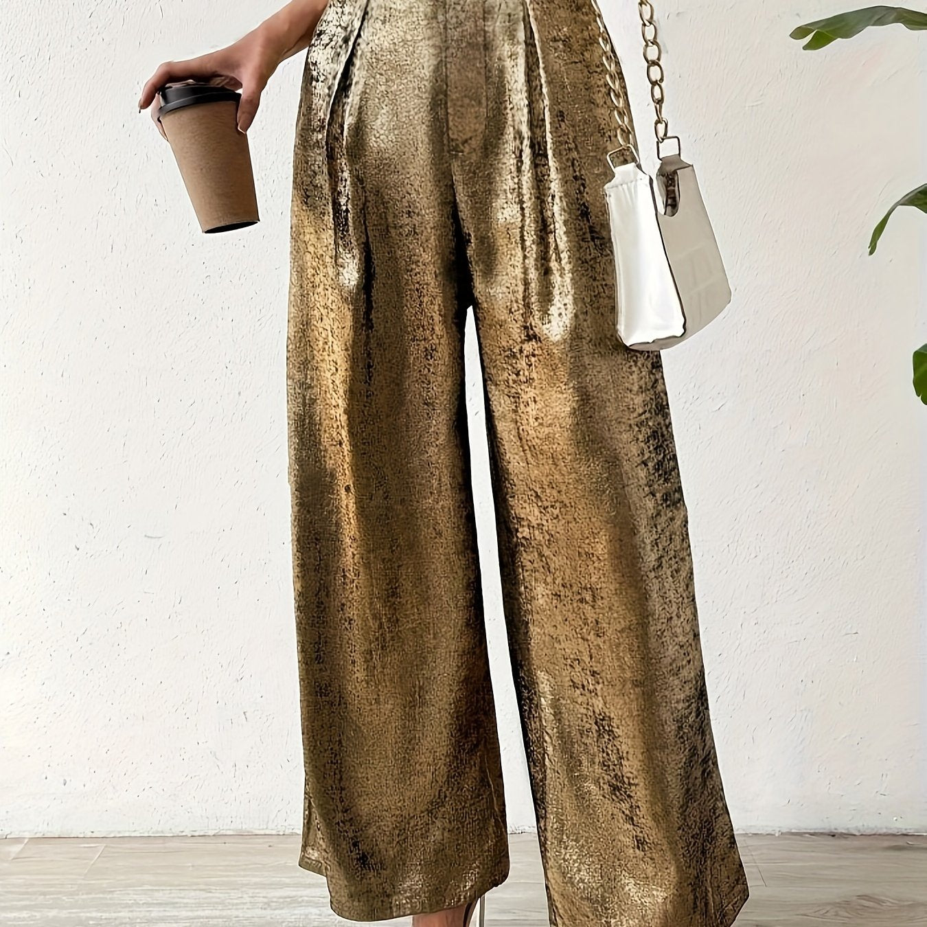 Elegant Golden Straight-Leg Pants for Women - High-Waisted, Textured Polyester with Pockets, Machine Washable - Versatile All-Season Fashion