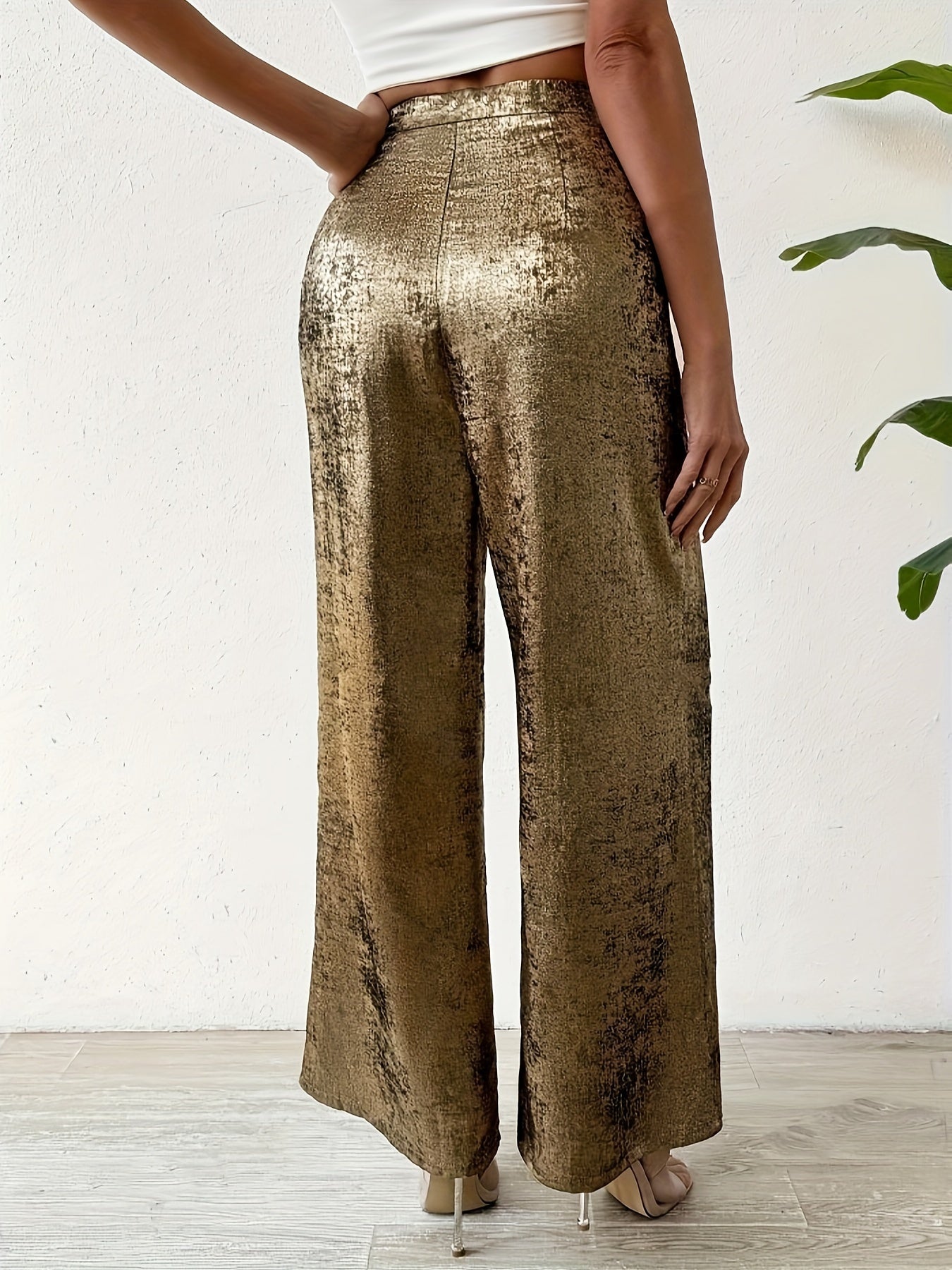 Elegant Golden Straight-Leg Pants for Women - High-Waisted, Textured Polyester with Pockets, Machine Washable - Versatile All-Season Fashion