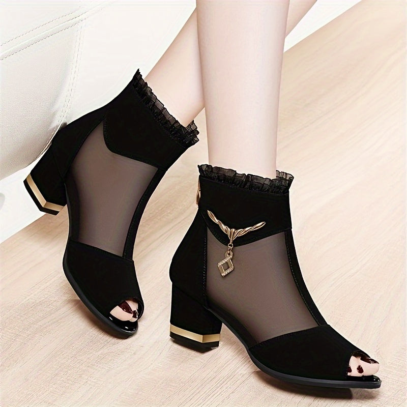 Women's Breathable Mesh Chunky Heel Sandals, Fashion Open Toe Dress Pumps, Stylish Back Zipper Sandals