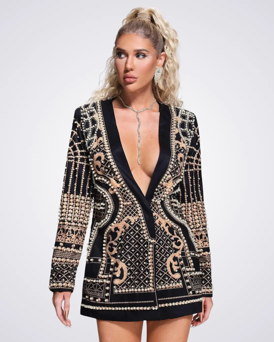 Blazer Dress Bellavé Gold – Pearl Beaded Paisley Pattern