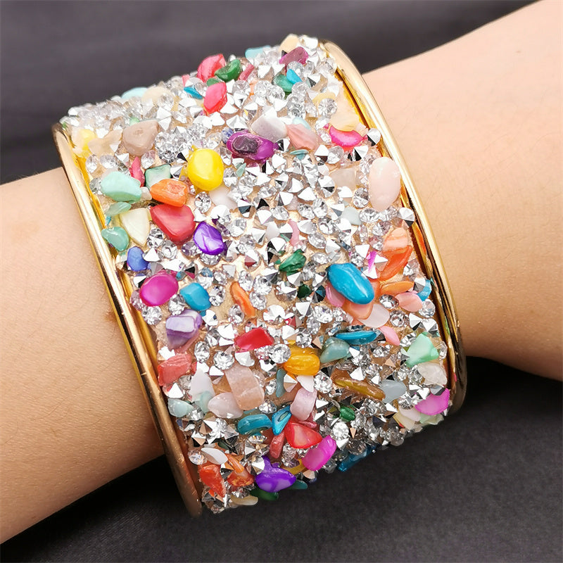 1 Pc Colorful Cuff Bangle Bracelet Inlaid Shiny Crystal Classic Rainbow Color Bangle For Women