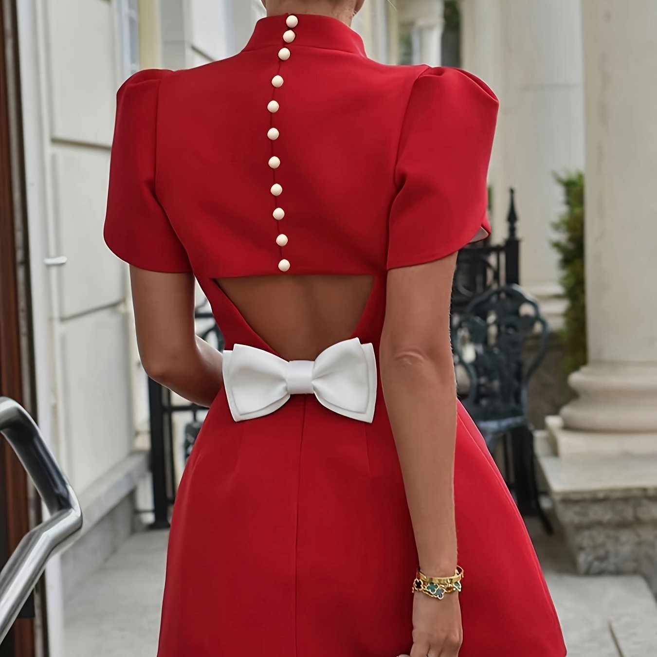 Elegant Red A-Line Dress with White Back Bow Detail - Short Sleeve, Round Neck, Knee-Length, Polyester & Spandex Blend, Machine Washable - Perfect for Casual or Chic Outfits, Cute Dresses