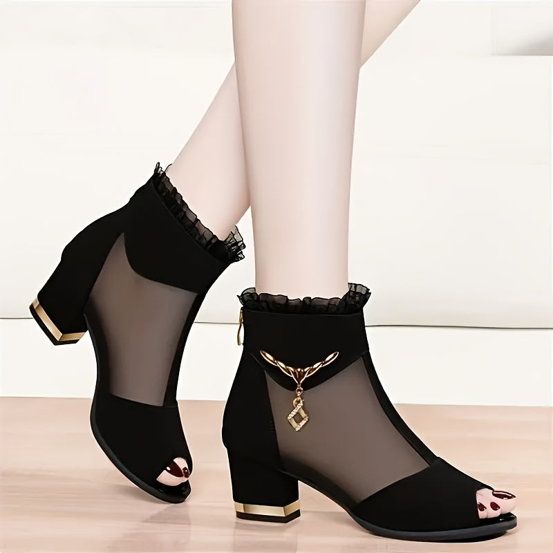 Women's Breathable Mesh Chunky Heel Sandals, Fashion Open Toe Dress Pumps, Stylish Back Zipper Sandals