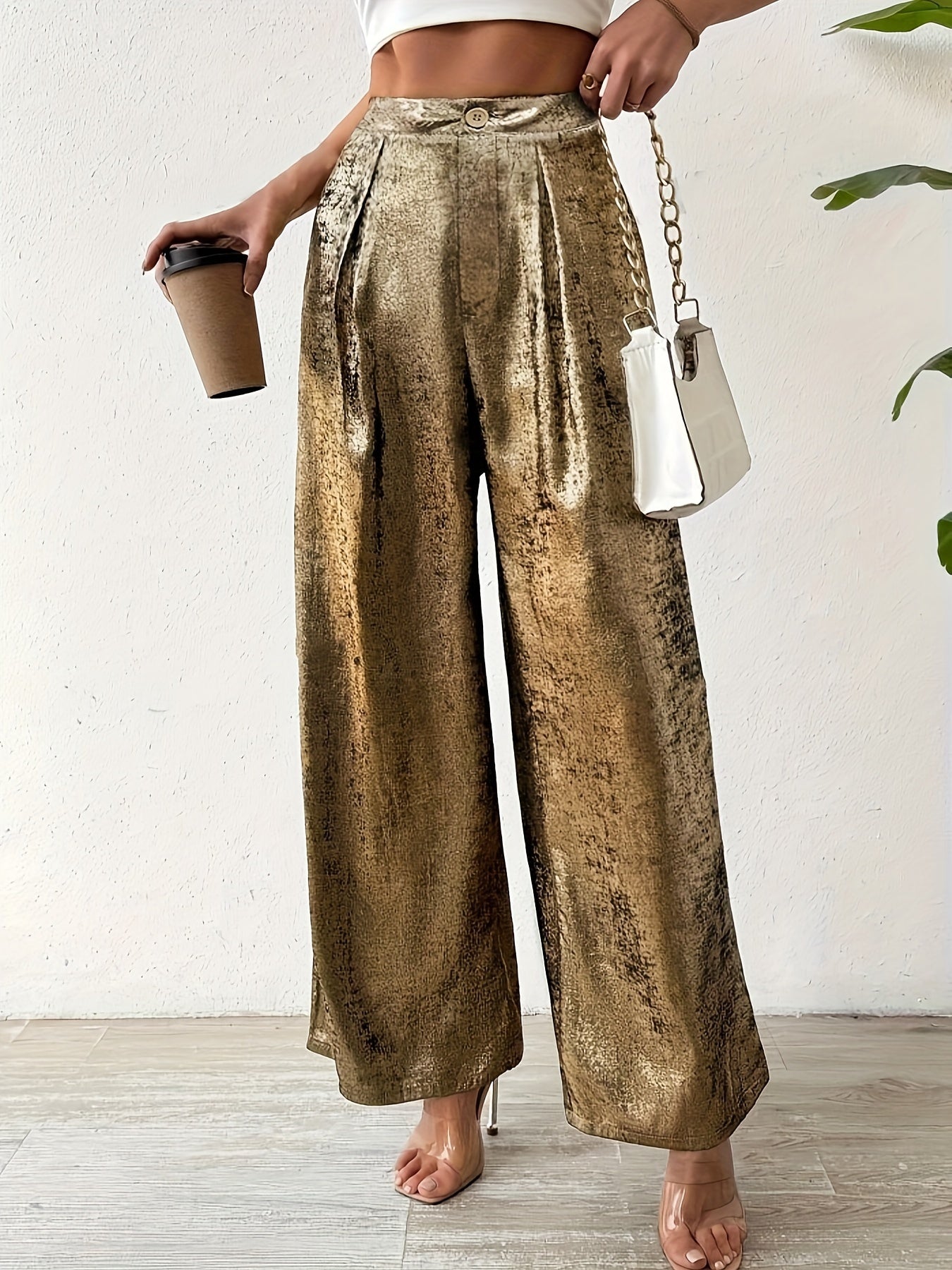 Elegant Golden Straight-Leg Pants for Women - High-Waisted, Textured Polyester with Pockets, Machine Washable - Versatile All-Season Fashion