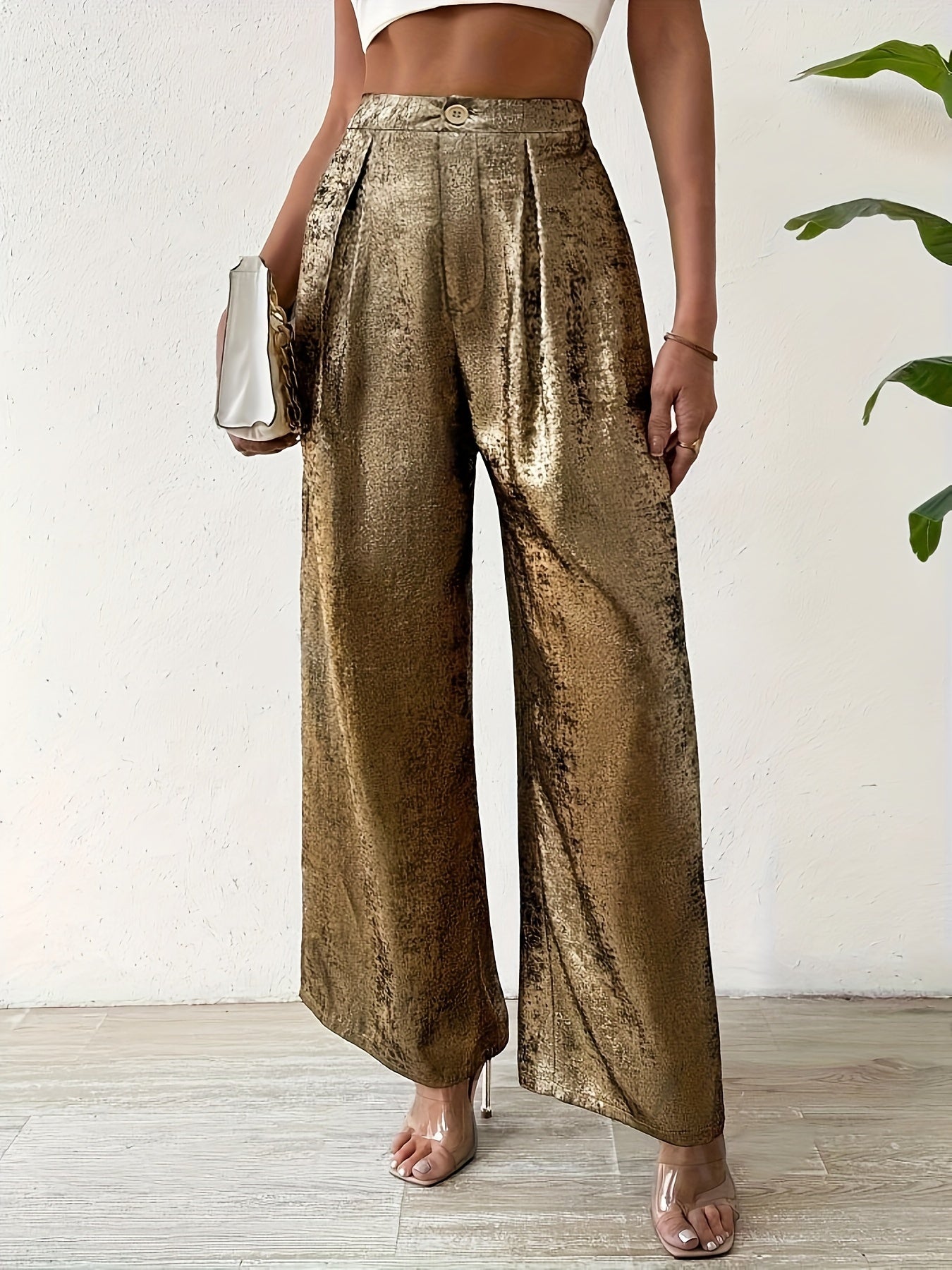 Elegant Golden Straight-Leg Pants for Women - High-Waisted, Textured Polyester with Pockets, Machine Washable - Versatile All-Season Fashion