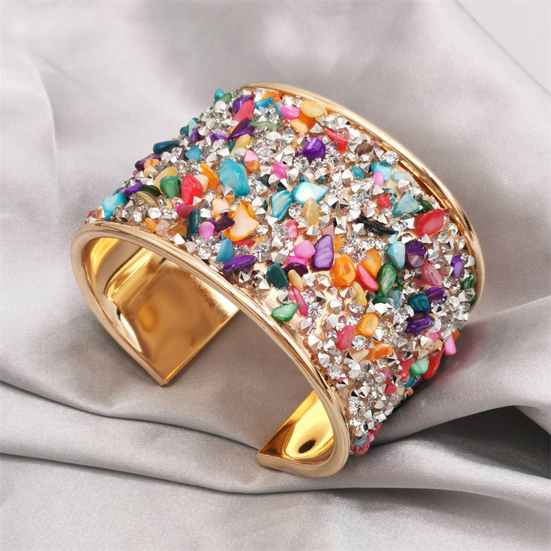 1 Pc Colorful Cuff Bangle Bracelet Inlaid Shiny Crystal Classic Rainbow Color Bangle For Women