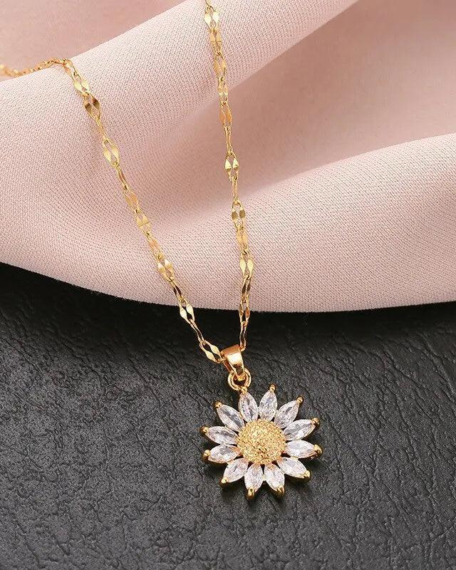 Blossome, flower necklace with sparkling zircon stones, crafted from 316L Stainless Steel, elegant and refined jewelry