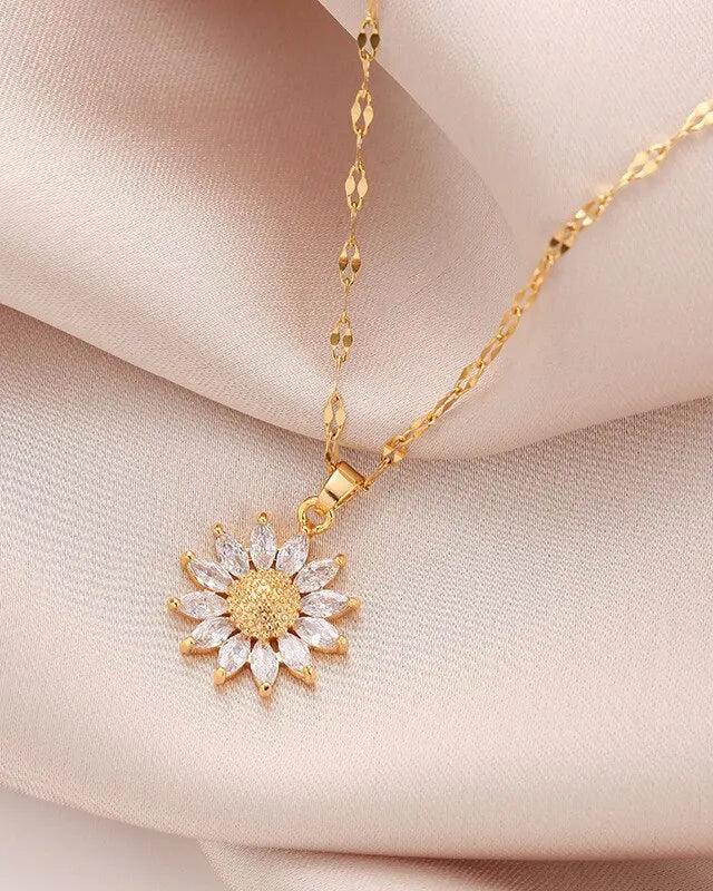 Blossome, flower necklace with sparkling zircon stones, crafted from 316L Stainless Steel, elegant and refined jewelry