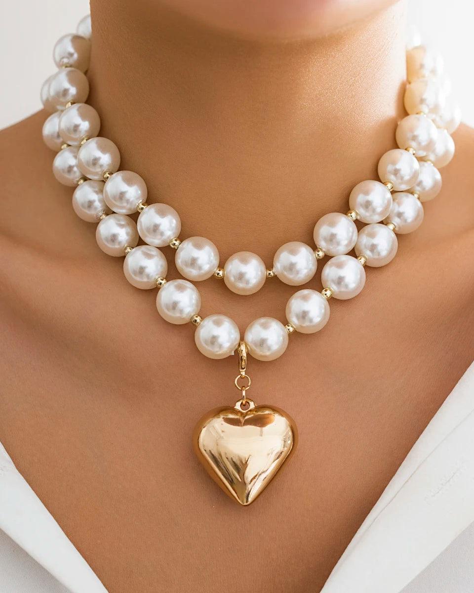 Layered pearl and heart pendant necklace in 316L Stainless Steel, elegant and romantic fashion jewelry