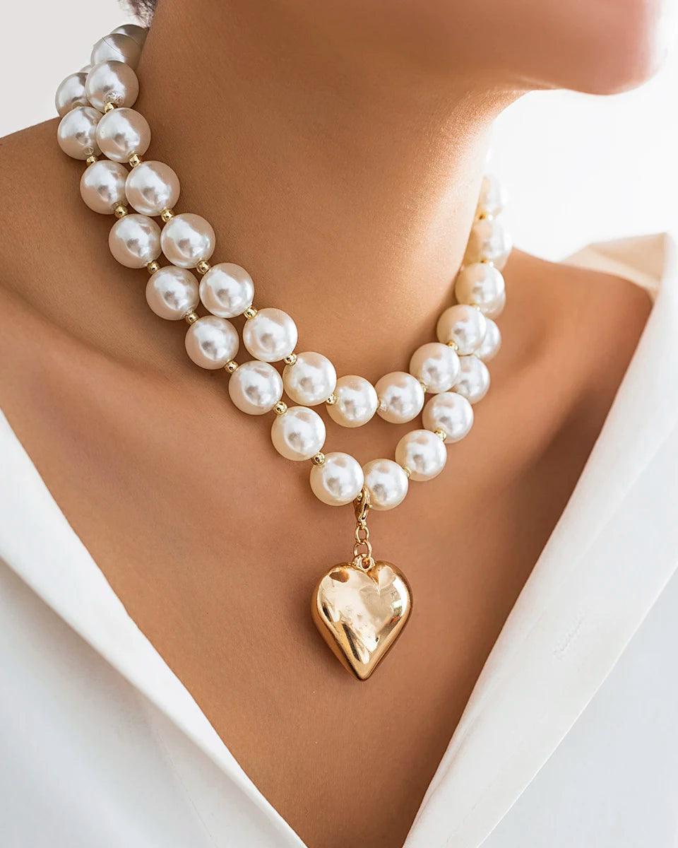 Layered pearl and heart pendant necklace in 316L Stainless Steel, elegant and romantic fashion jewelry