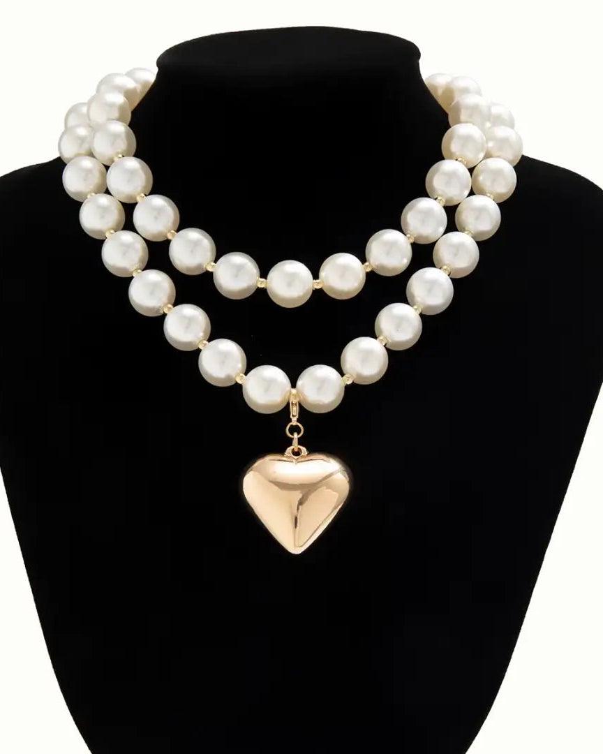 Layered pearl and heart pendant necklace in 316L Stainless Steel, elegant and romantic fashion jewelry