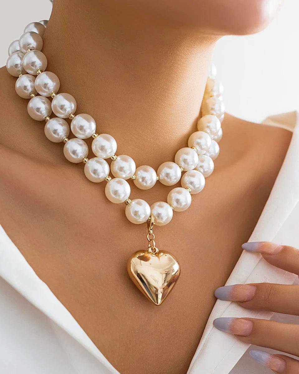 Layered pearl and heart pendant necklace in 316L Stainless Steel, elegant and romantic fashion jewelry