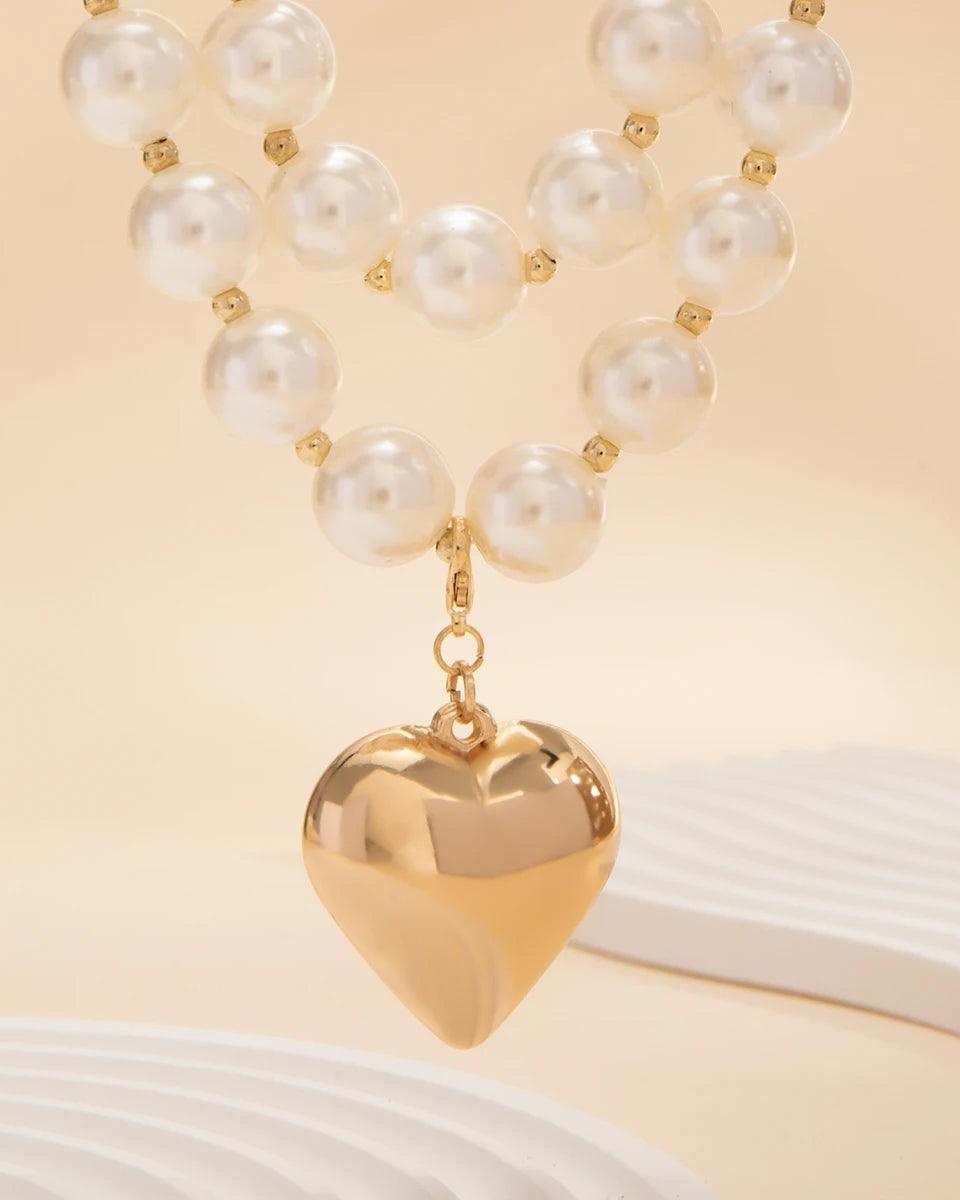 Layered pearl and heart pendant necklace in 316L Stainless Steel, elegant and romantic fashion jewelry