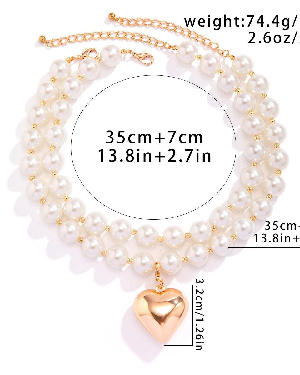 Layered pearl and heart pendant necklace in 316L Stainless Steel, elegant and romantic fashion jewelry