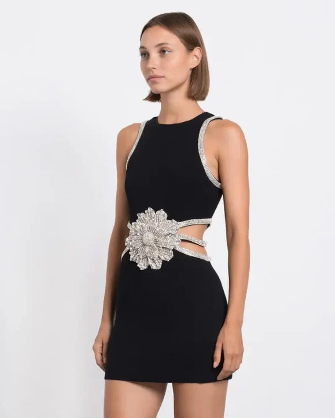 Mini-Schwarzes Norvellie-Kleid mit Skelettblume und Strasssteinen