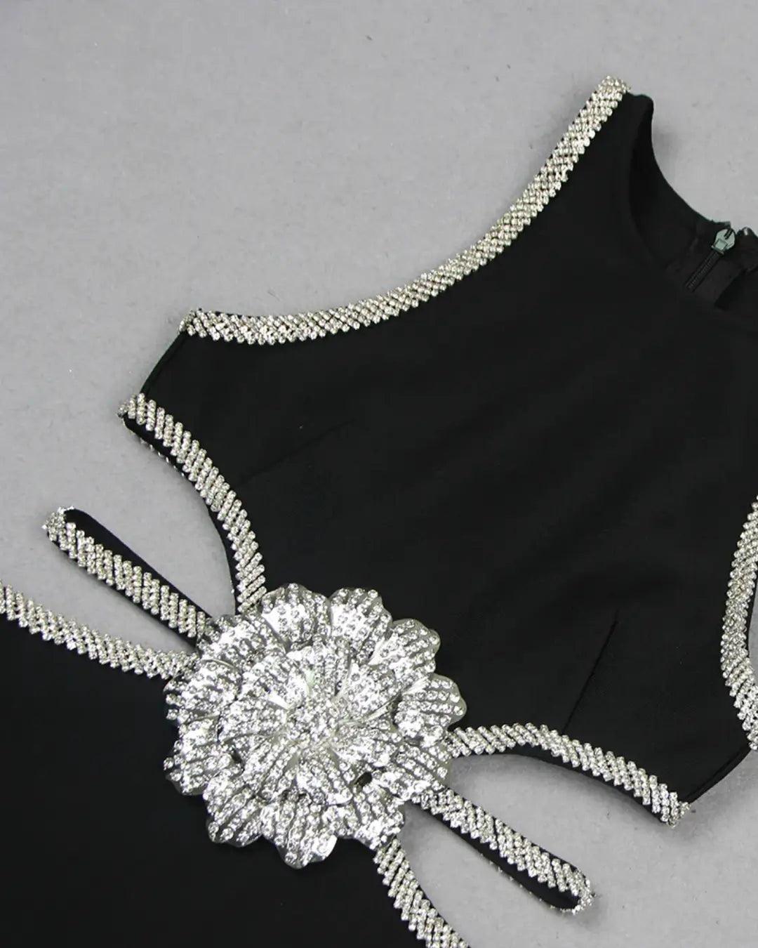 Mini Black Norvellie Dress with Skeleton Flower and Rhinestones