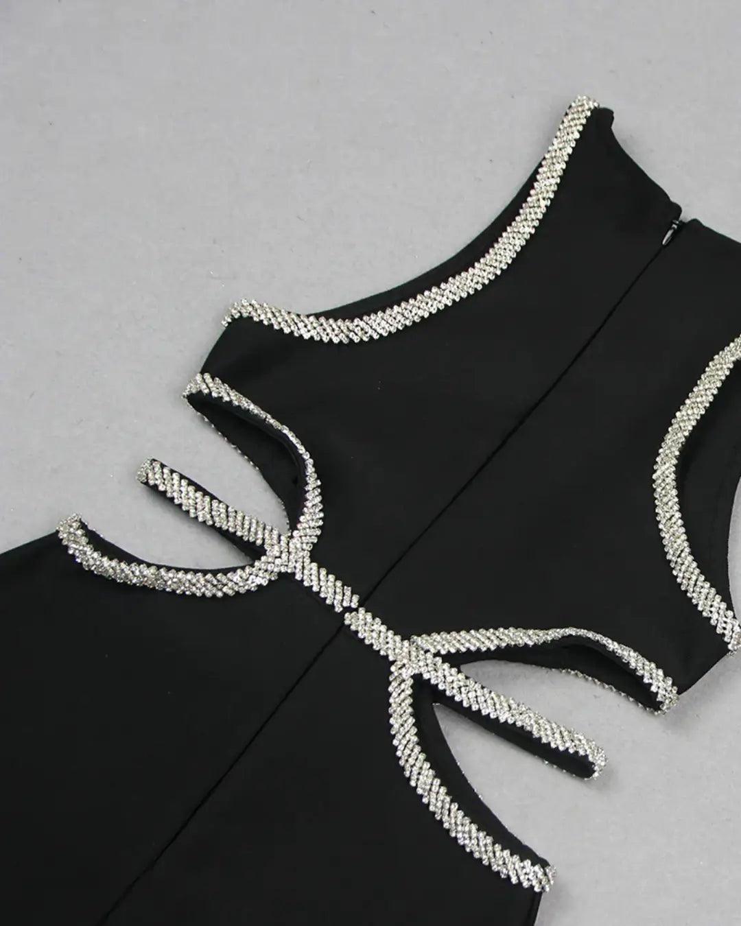 Mini Black Norvellie Dress with Skeleton Flower and Rhinestones