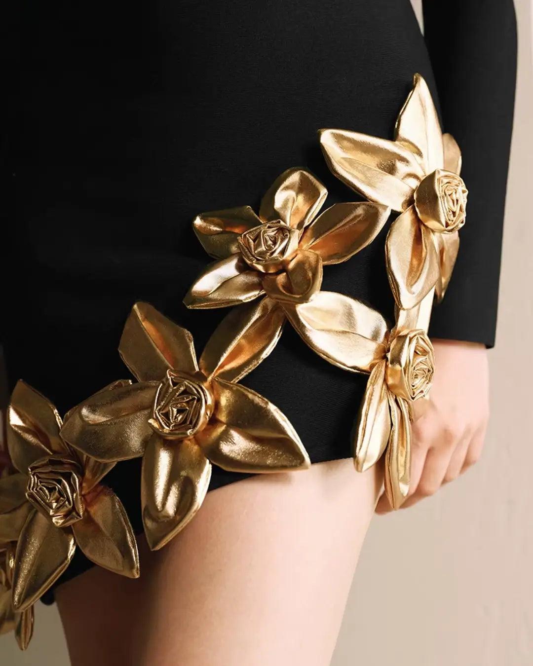 Mini Bodycon Dress with Long Sleeves and Golden Flowers