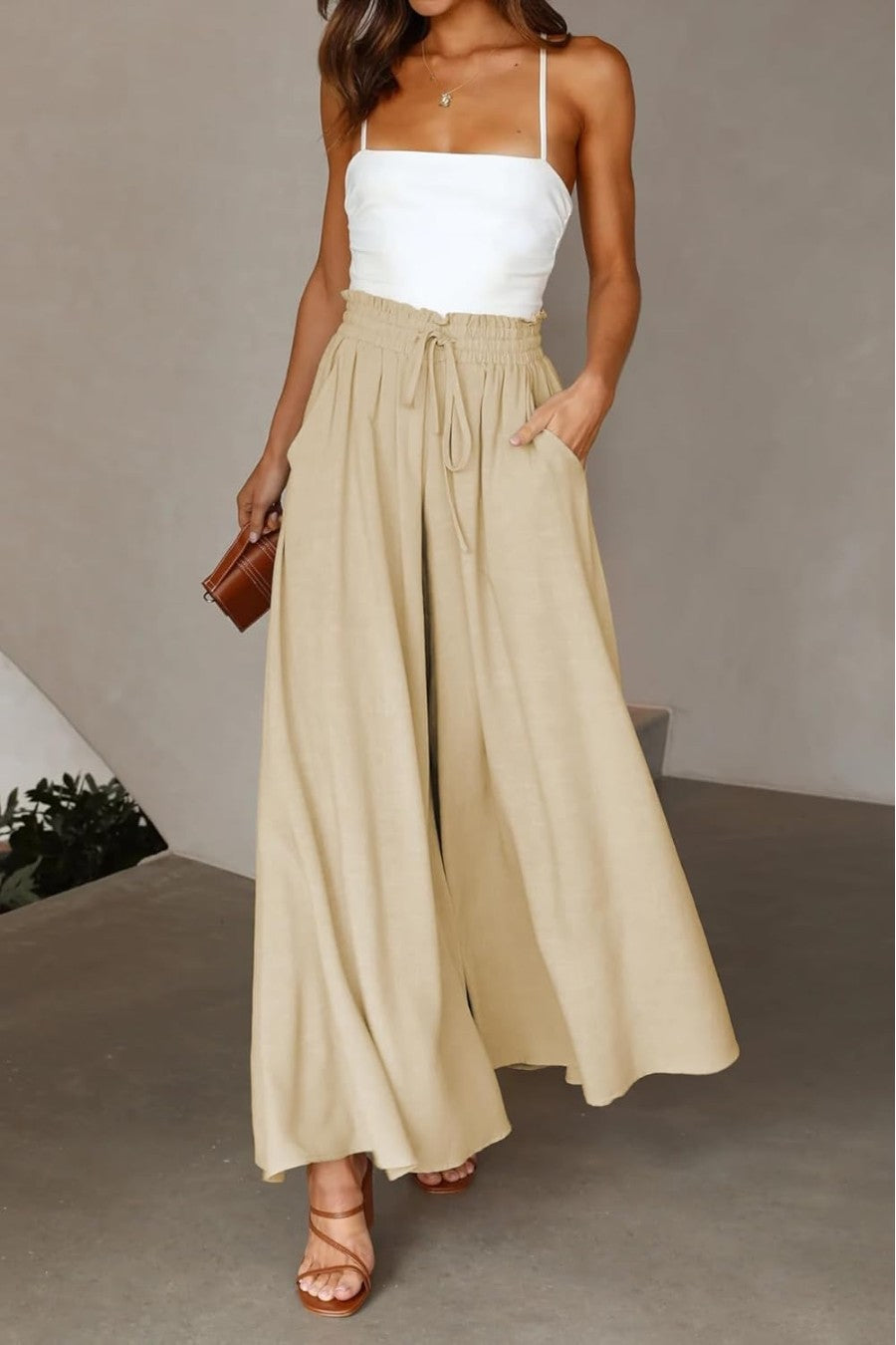 Pantalon fluide femme beige avec poches