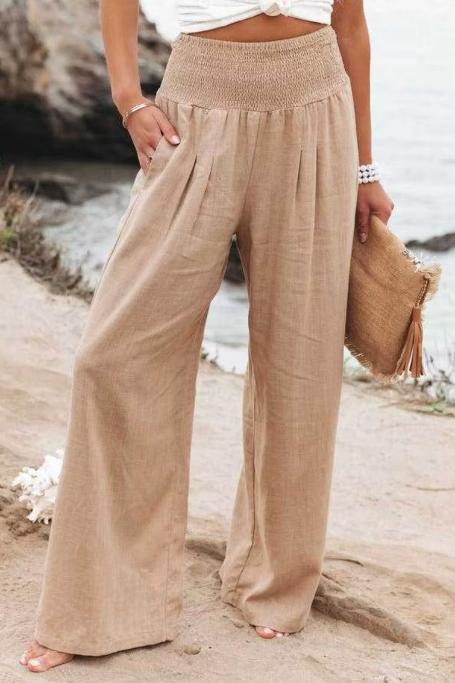 Pantalon large femme lin beige élastique