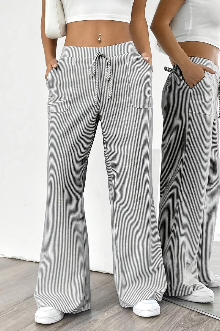 Pantalon fluide large femme à rayures gris