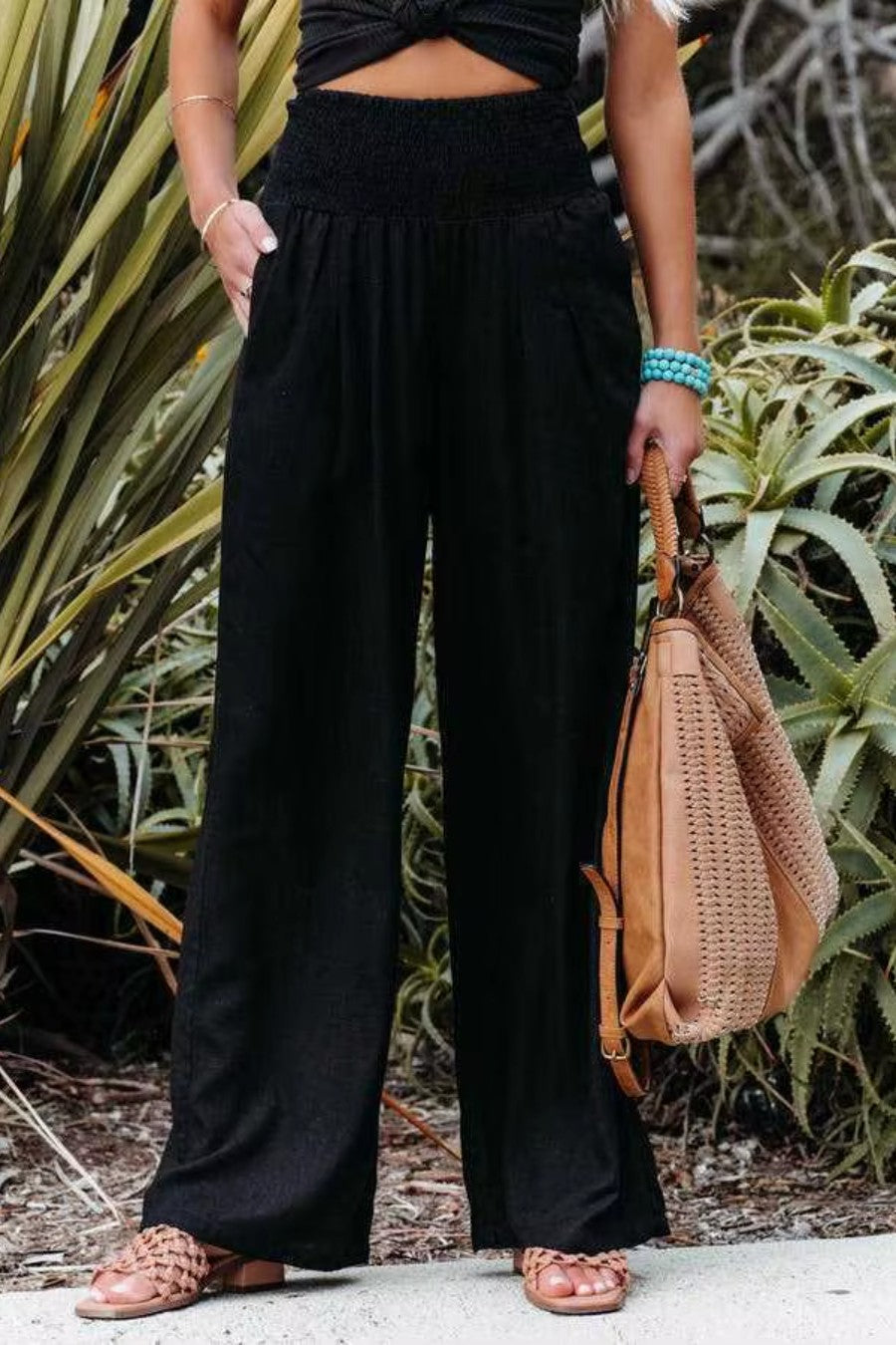 Pantalon fluide femme noir taille haute