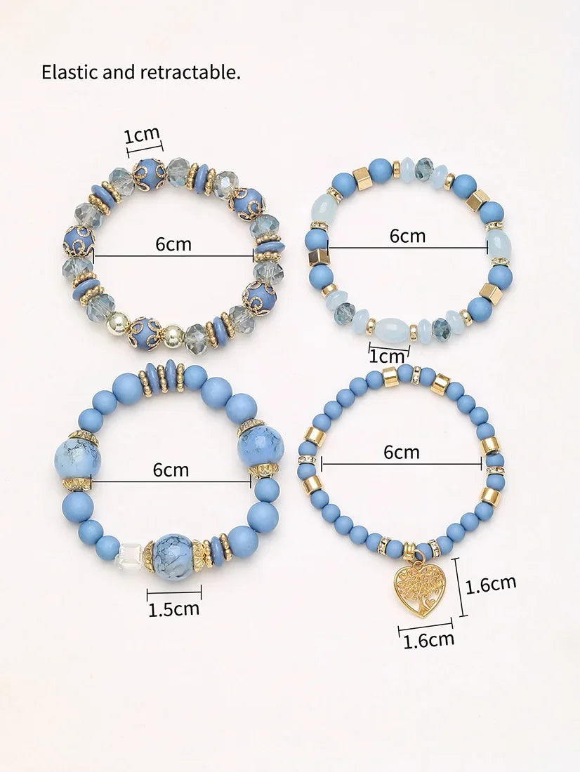 4Pcs Tree of Life Heart Bracelet Set For Women Acrylic Glass Beads Chain Elastic Bangle Female Fashion Party Jewelry