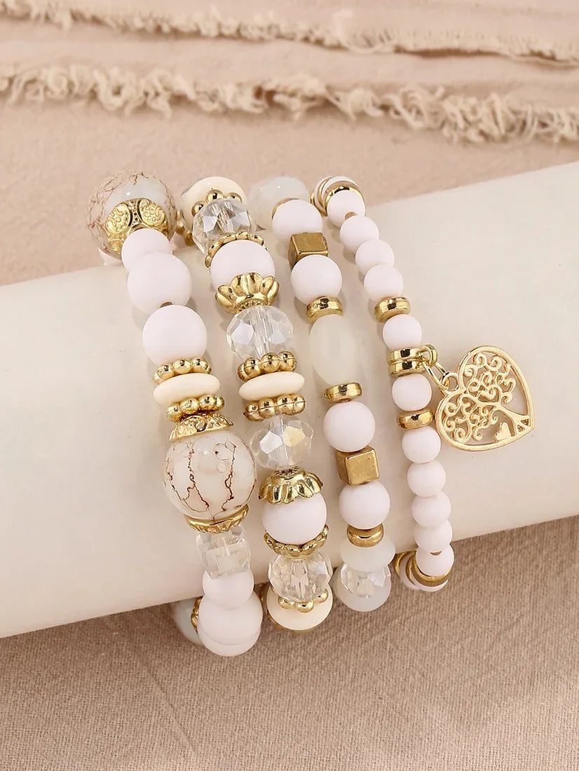 4Pcs Tree of Life Heart Bracelet Set For Women Acrylic Glass Beads Chain Elastic Bangle Female Fashion Party Jewelry