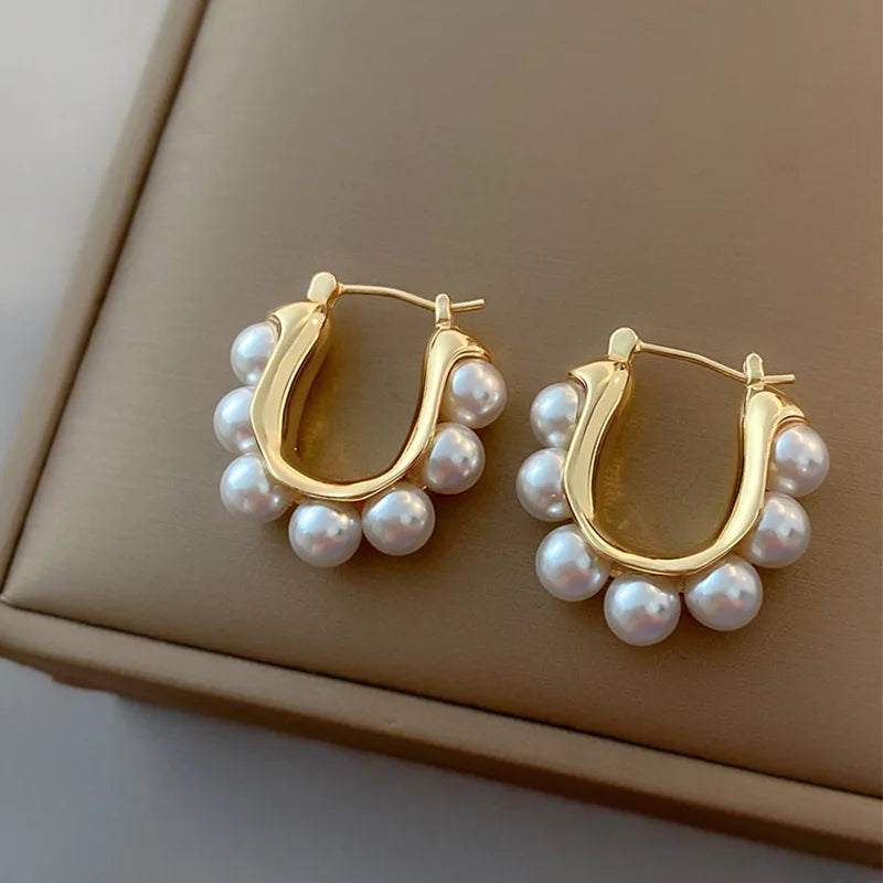 Stylish U-shaped Hoop Earrings Gold Color Elegant Imitation Pearl Earrings Wedding Party Girls Luxury Accessories Women's Gifts