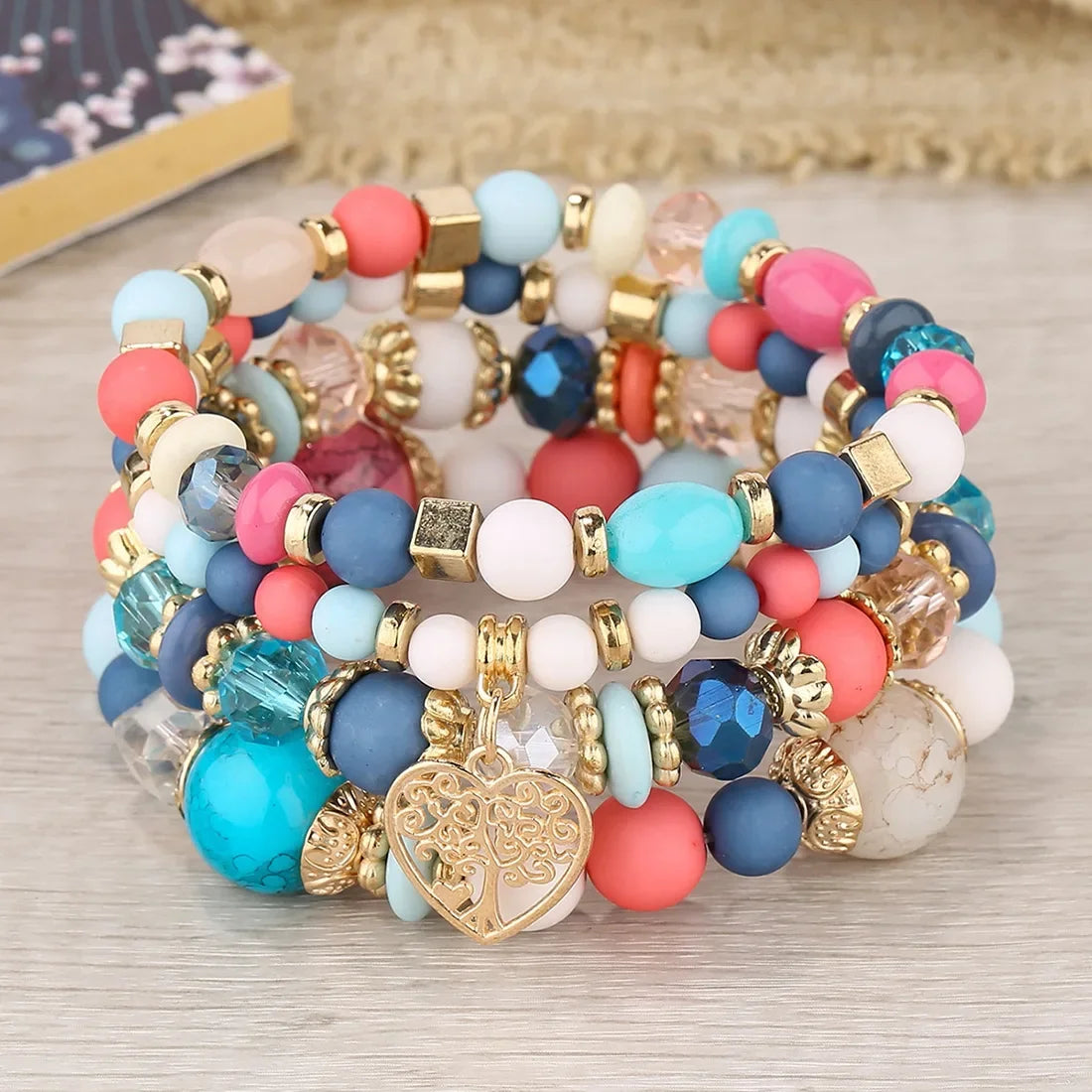 4Pcs Tree of Life Heart Bracelet Set For Women Acrylic Glass Beads Chain Elastic Bangle Female Fashion Party Jewelry