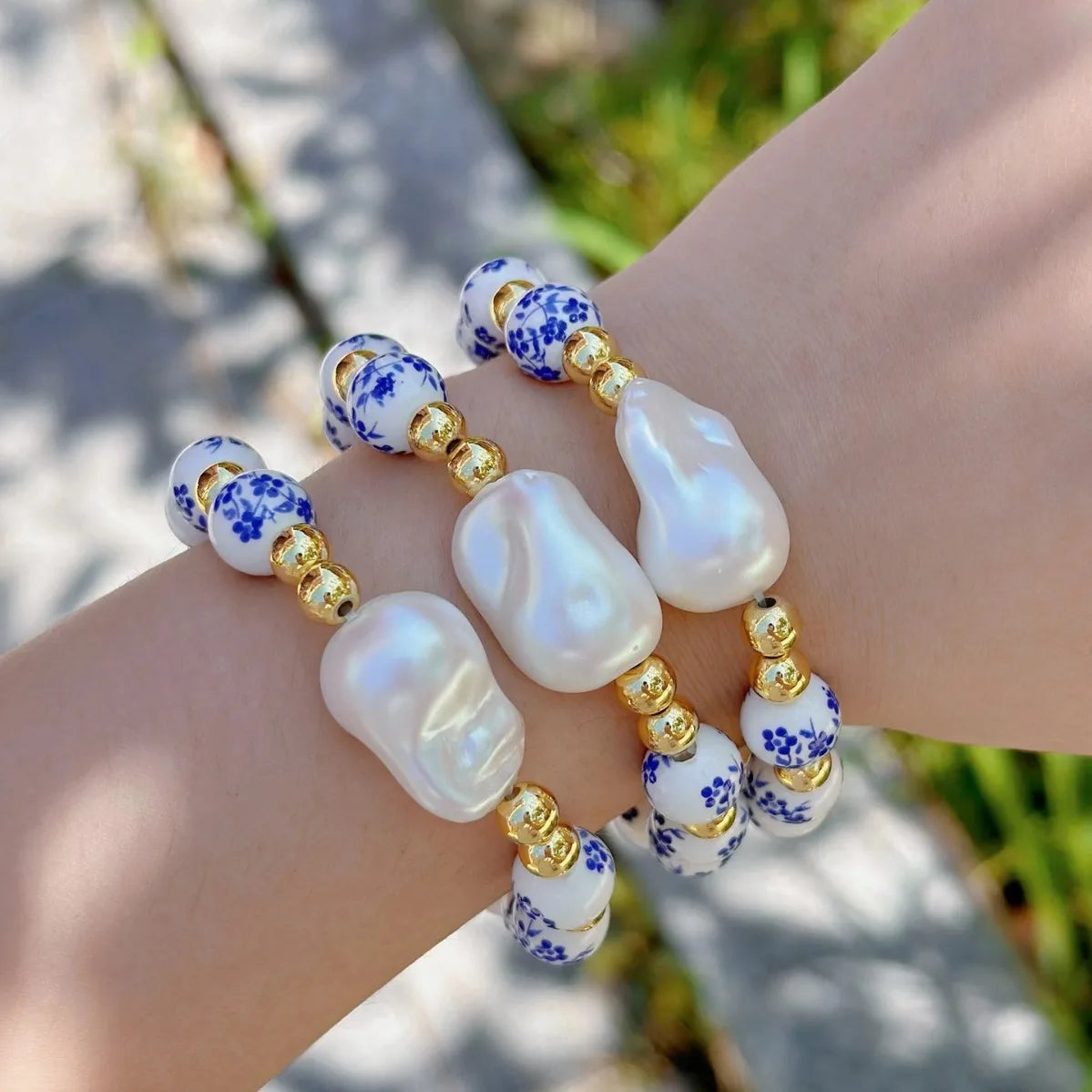 Imitation Baroque Pearl Bracelet Elastic Rope Fashion Simple Beaded Blue and White Porcelain Bracelet s Jewelry Accessories