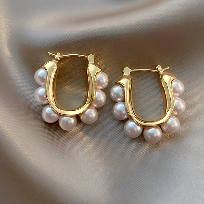 Stylish U-shaped Hoop Earrings Gold Color Elegant Imitation Pearl Earrings Wedding Party Girls Luxury Accessories Women's Gifts