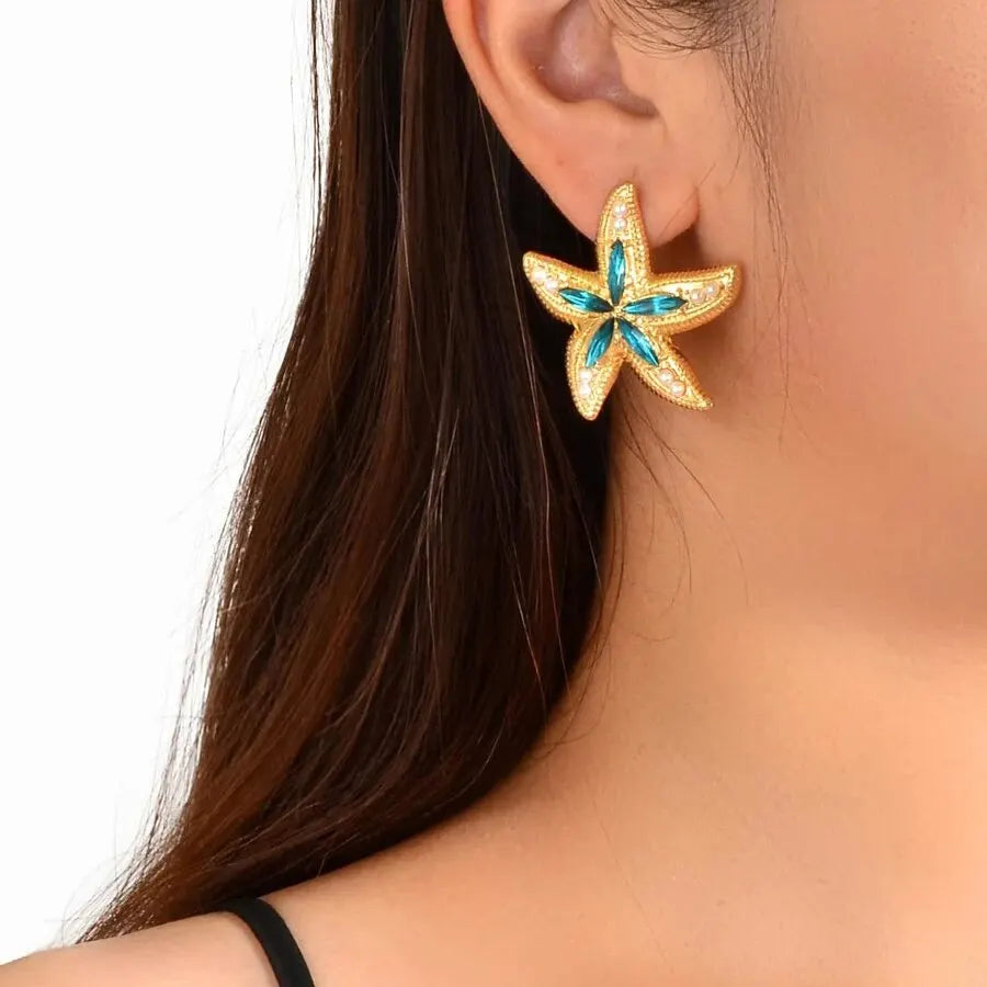 Obega Candy Starfish Charms Dangle Stud Earrings Metal Epoxy Pendant Ear Stud Green Crystal Stone Beach Charms Jewelry For Woman