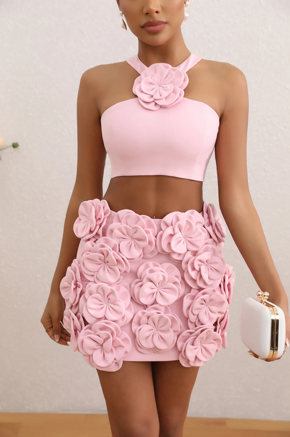 New sexy pink neck hanging backless dress, women's temperament short skirt decoration flower party dress set