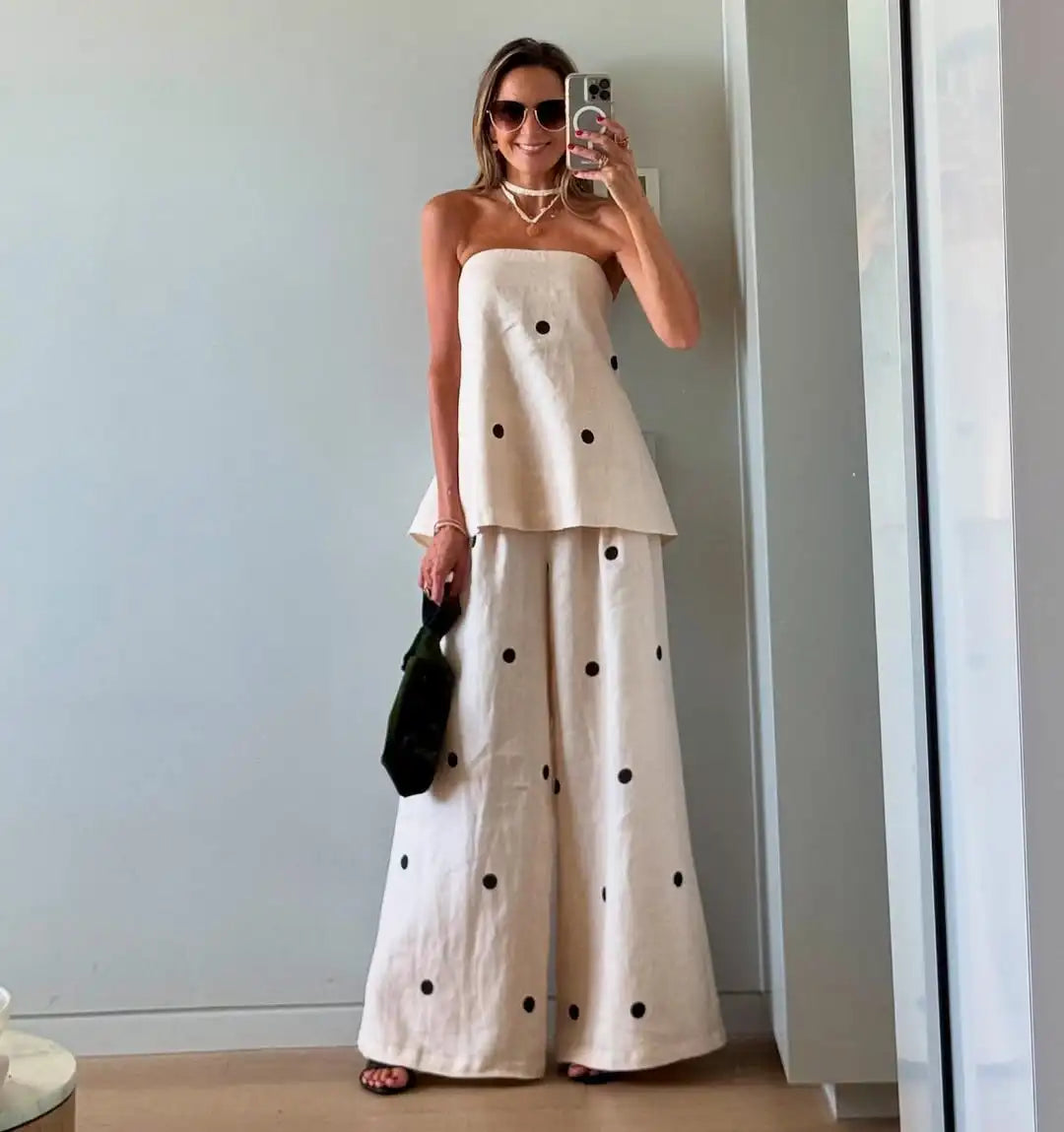 Women Fashion Polka Dot Wide Leg Pant 2 Piece Set Sexy Off Shoulder Sleeveless Vest Tops Suit 2025 New Vocation Streetwear