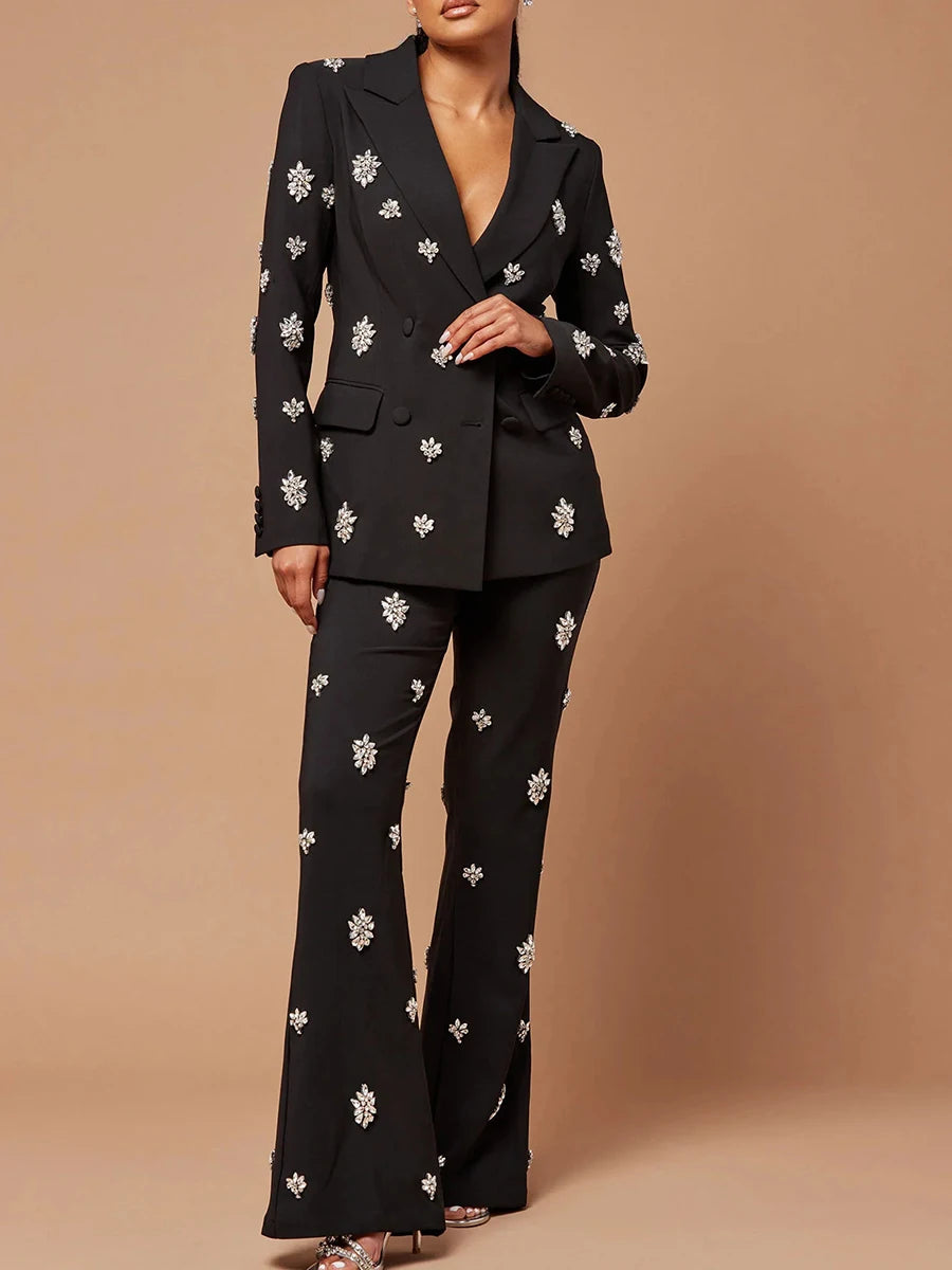 TWOTWINSTYLE Patchwork Diamonds Two Piece Set For Women Notched Collar Long Sleeve Blazer High Waist Flare Pant Chic Sets Female