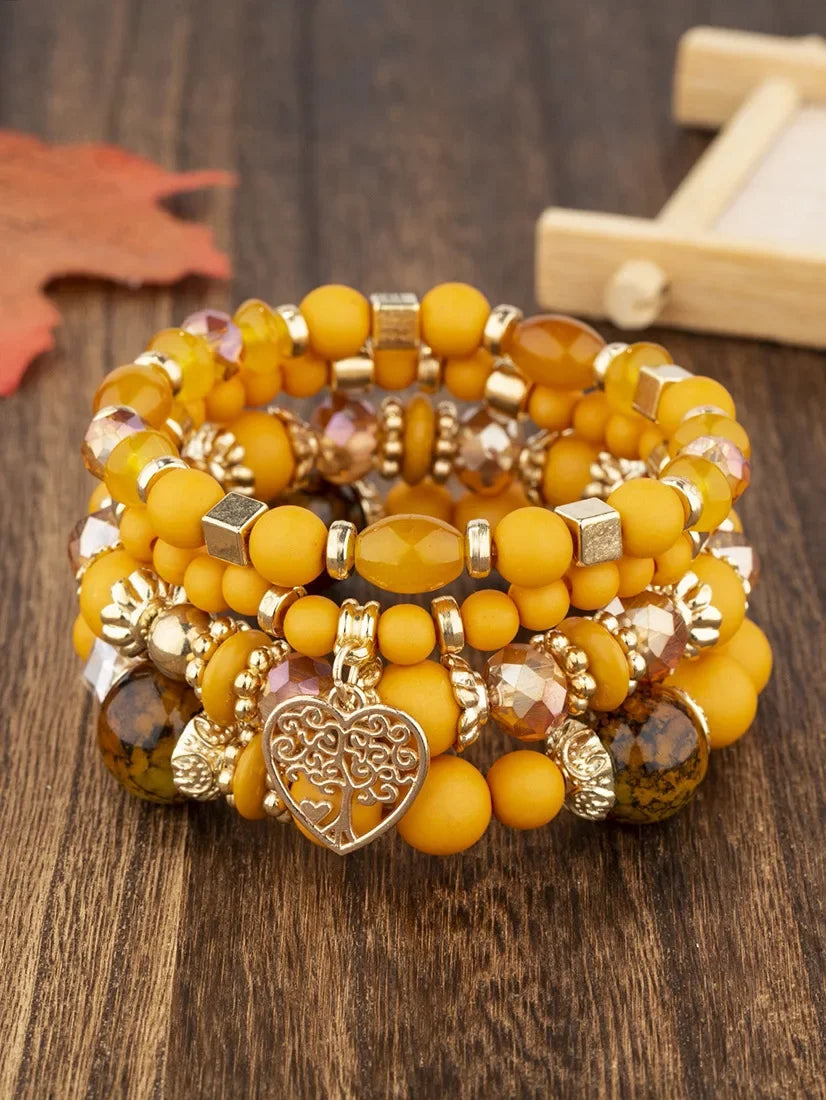 4Pcs Tree of Life Heart Bracelet Set For Women Acrylic Glass Beads Chain Elastic Bangle Female Fashion Party Jewelry