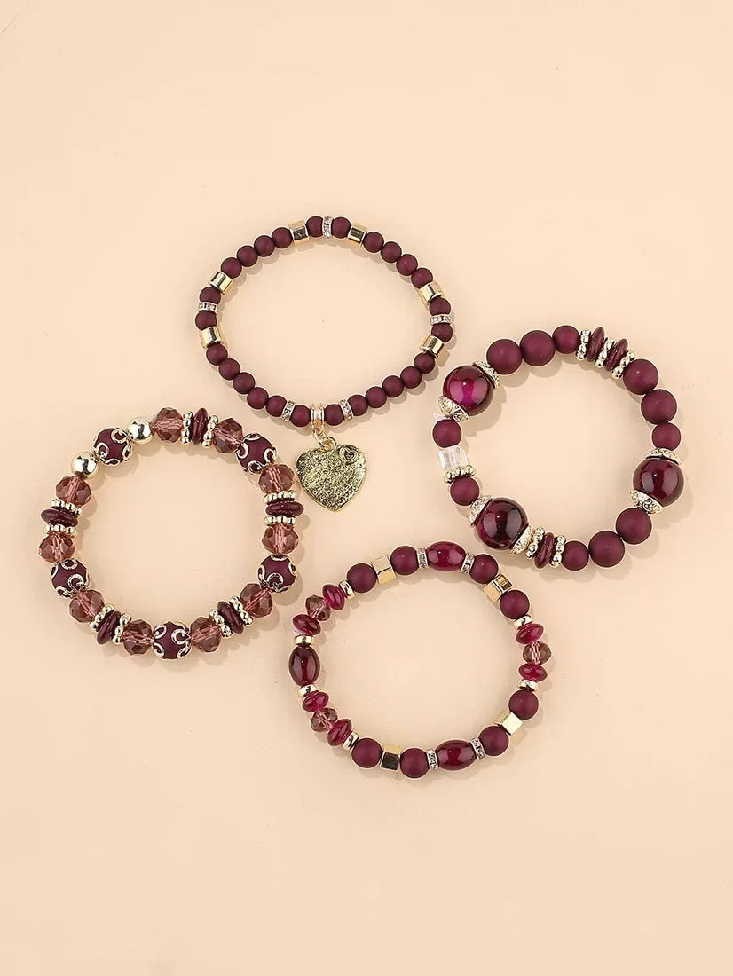 4Pcs Tree of Life Heart Bracelet Set For Women Acrylic Glass Beads Chain Elastic Bangle Female Fashion Party Jewelry