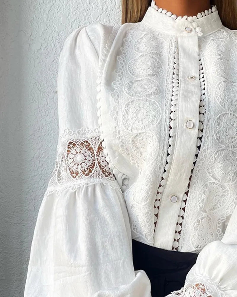 White Lace Blouses Women Elegant Solid Casual Lace and Button Hook Flower Hollow Puff Sleeves Blouse Top Lady Office Shirts