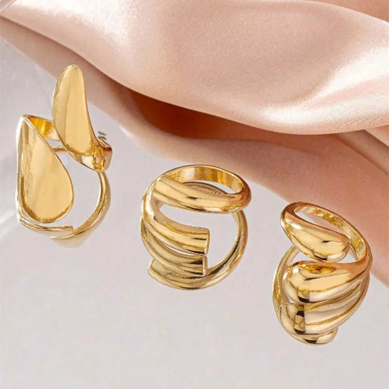 3Pcs/Set Vintage Gold Color Water Drop Rings for Women Fashion Creative Metal Smooth Geometric Adjustable Open Ring Jewelry