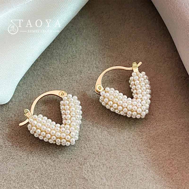 New Unique Style Pearl Heart Shaped Hoop Earrings Simple Versatile Elegant Luxury Accessories for Women‘s 2024 New Trend Jewelry