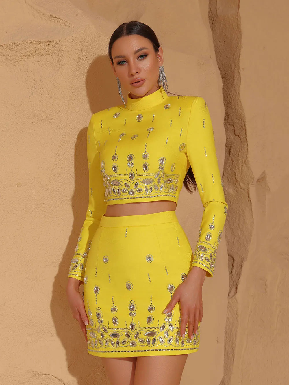 High Quality New Fashion Women's Heavy Industry Crystal Beads Slim Fit Yellow Set Sexy Short Top+Dress Party 2 Two Piece Set