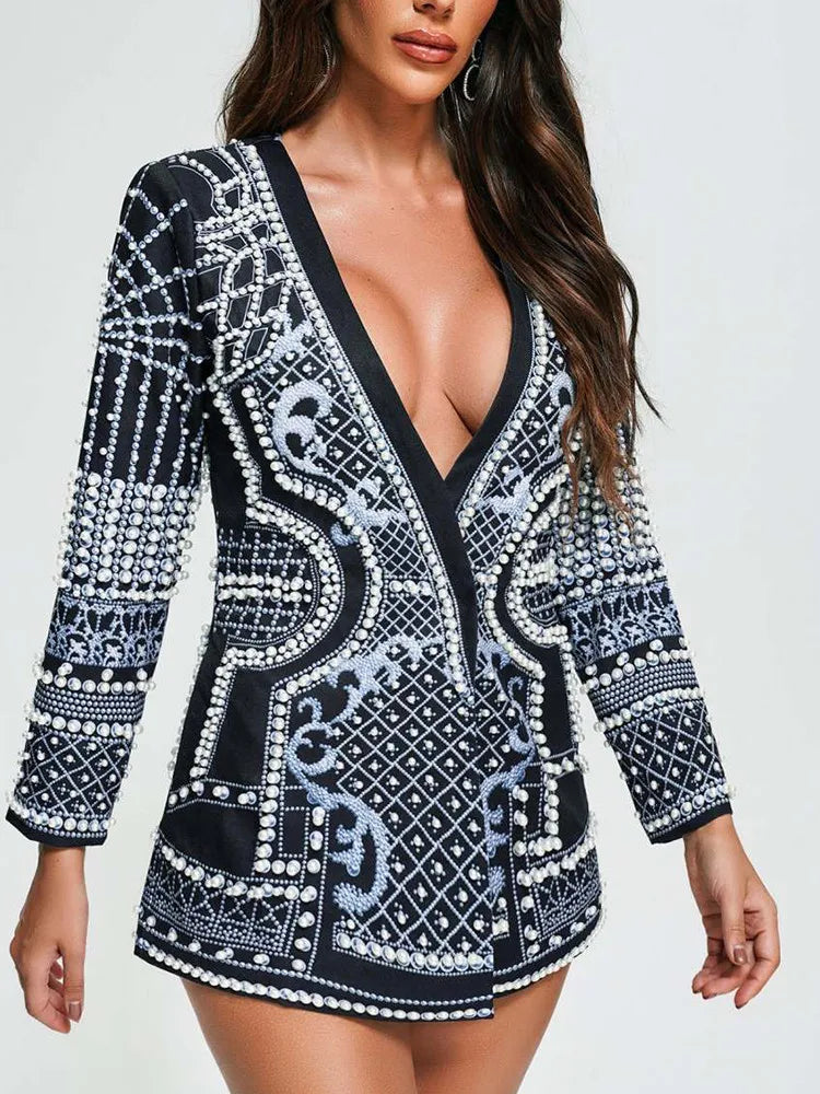 Blazer Dress Bellavé Blue – Pearl Beaded Paisley Pattern