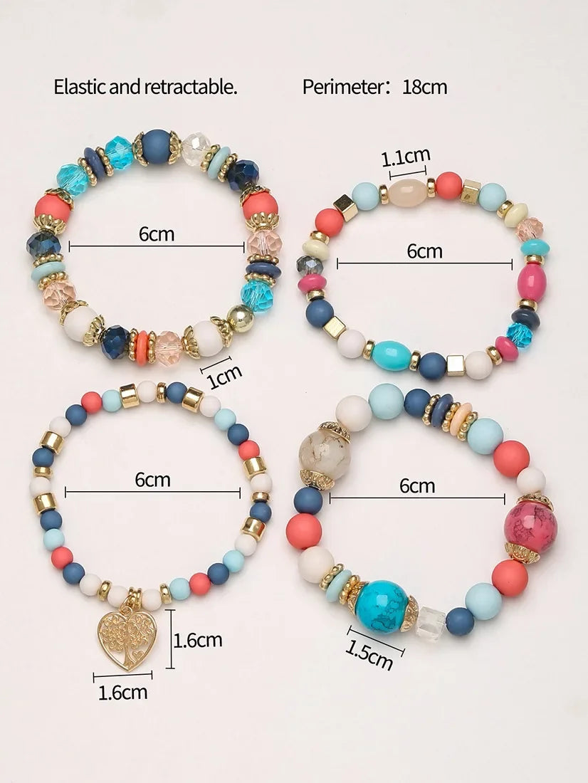 4Pcs Tree of Life Heart Bracelet Set For Women Acrylic Glass Beads Chain Elastic Bangle Female Fashion Party Jewelry