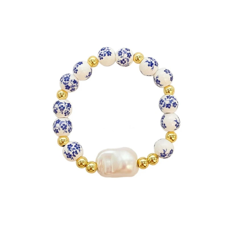 Imitation Baroque Pearl Bracelet Elastic Rope Fashion Simple Beaded Blue and White Porcelain Bracelet s Jewelry Accessories