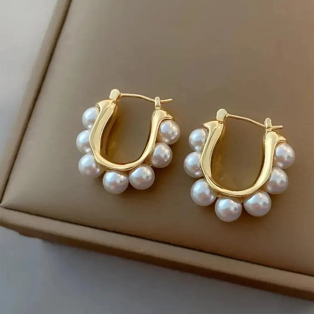 Stylish U-shaped Hoop Earrings Gold Color Elegant Imitation Pearl Earrings Wedding Party Girls Luxury Accessories Women's Gifts