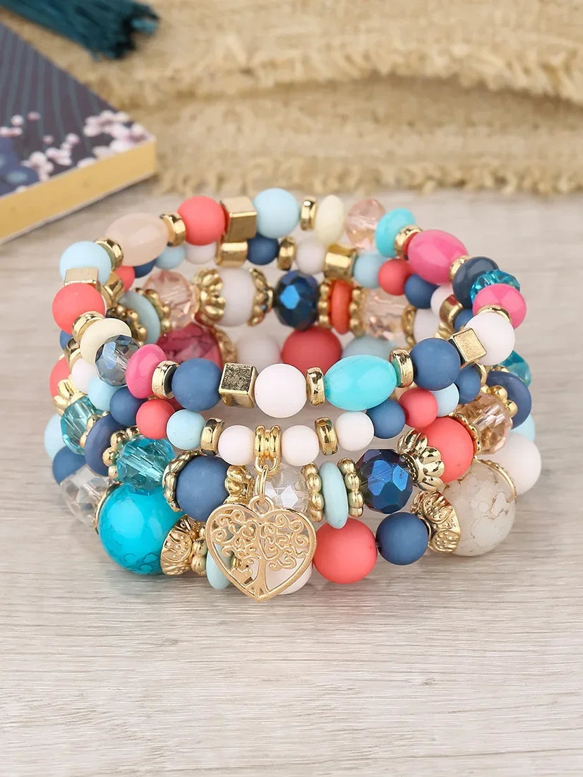 4Pcs Tree of Life Heart Bracelet Set For Women Acrylic Glass Beads Chain Elastic Bangle Female Fashion Party Jewelry