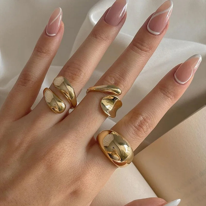 3Pcs/Set Vintage Gold Color Water Drop Rings for Women Fashion Creative Metal Smooth Geometric Adjustable Open Ring Jewelry