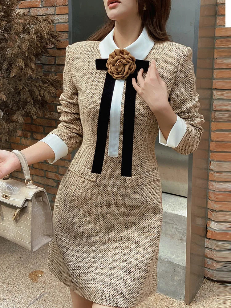 Dabuwawa Bow Tree Dimensional Decoration Dresse For Women Vintage Spliced Slim Empire Skirt Light Weight Fancy Suiting DM1CDR056